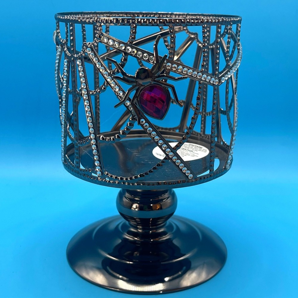 Bath Body Works Spider Web Pedestal Candle Holder Black Rhinestone Halloween